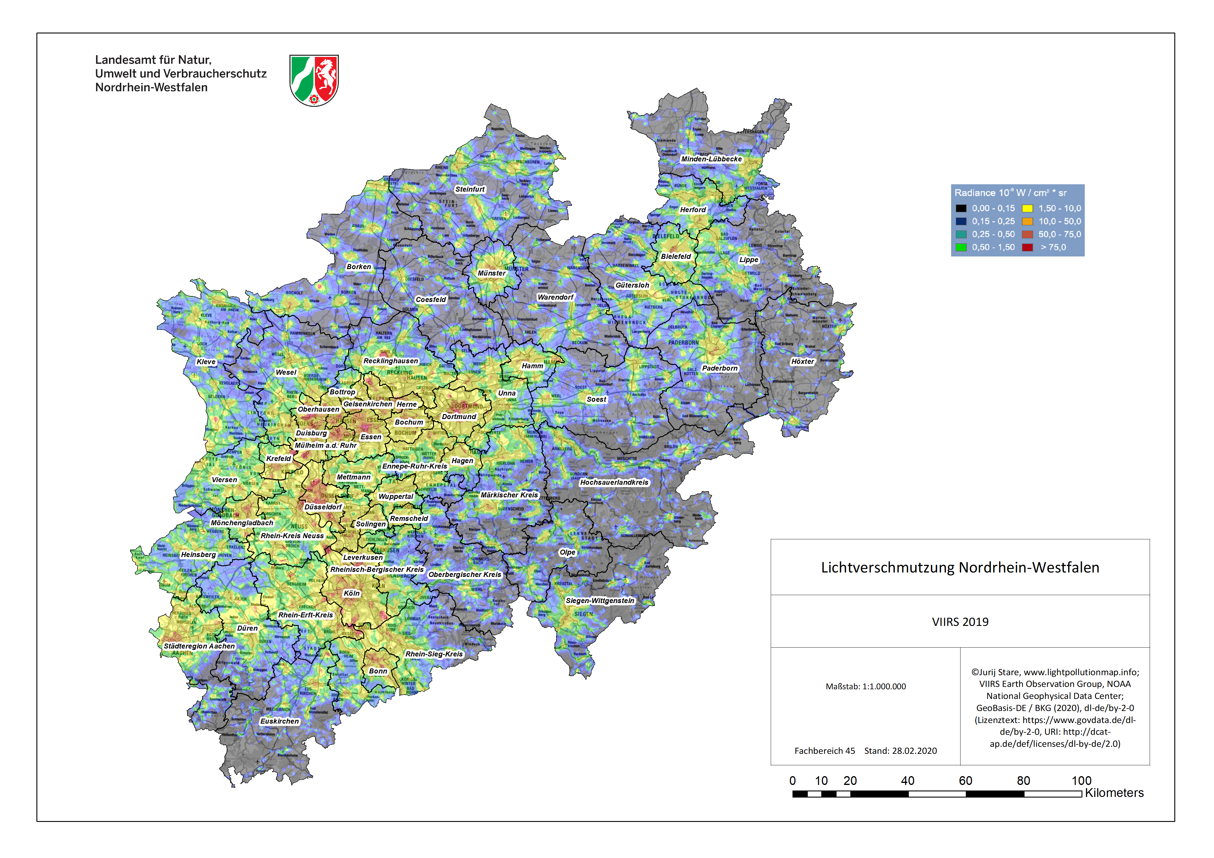 Lichtimmissionen bei Nacht; Quelle: Jurij Stare/ www.lightpollutionmap.info